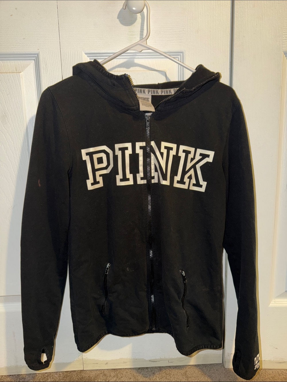 PINK Victoria's Secret Black Zip Hoodie with White Logo